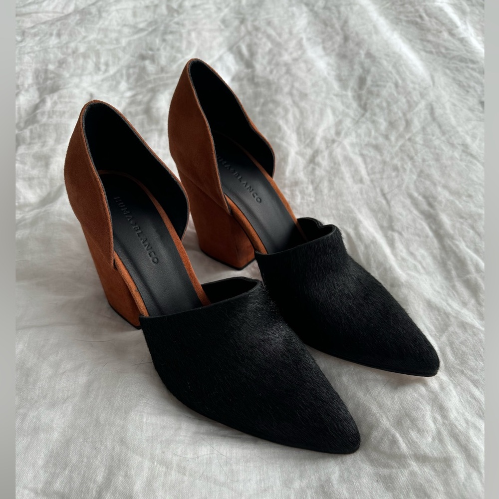 Darling black and carmel suede mules